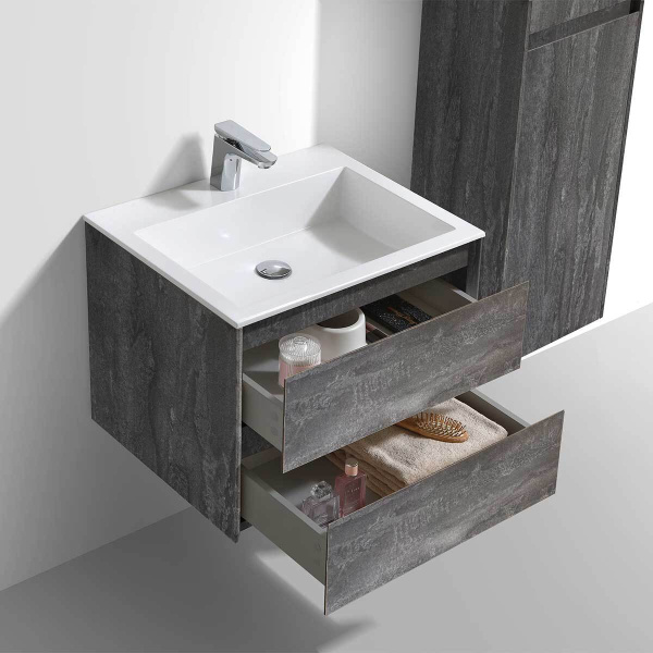 Тумба Vincea Luka 600 подвесная, 2 выкатных ящика soft-close, G.Stone с умывальником VCB-13600W из искусственного камня, цвет белый