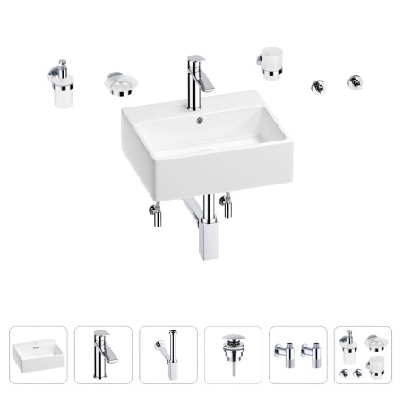 Раковина для ванной Wellsee Graceful Pro 201006661 в наборе 9 в 1: раковина белого глянцевого цвета, смеситель, сифон, донный клапан, угловые вентили, аксессуары (цвет набора хром)