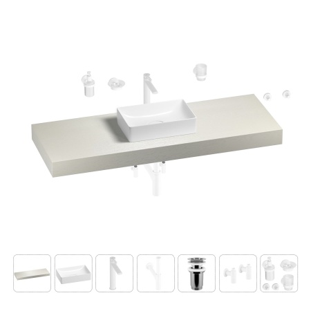 Раковина 42 см со столешницей 140 см Wellsee Pure BY Wellsee 201010985 в наборе 10 в 1: столешница, раковина, высокий смеситель, сифон, выпуск, кран-вентили, аксессуары (цвет матовый белый)