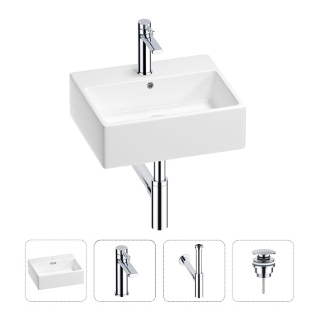 Раковина для ванной Wellsee Graceful Pro 201002936 в наборе 4 в 1: раковина белого глянцевого цвета, смеситель, сифон, донный клапан (цвет набора хром)