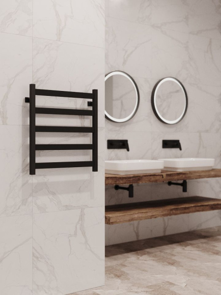 Полотенцесушитель водяной Stinox Verona 500x600, нижнее подключение, черный матовый, 1/2" ВР (внутренняя резьба), 5 перекладин