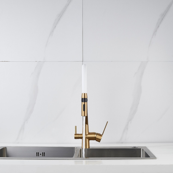 Смеситель для кухни с гибким изливом и подключением фильтра Shevanik S278G, золотой сатин