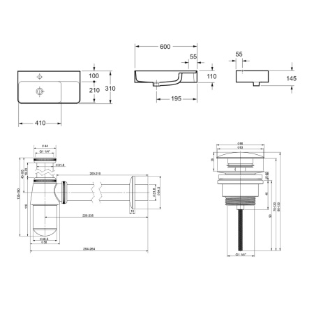 Комплект 3 в 1 Lavinia Boho Bathroom Sink 21520491: накладная фарфоровая раковина 60 см, металлический сифон, донный клапан