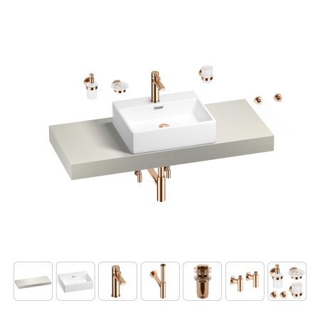 Раковина 50 см со столешницей 120 см Wellsee Graceful Pro 201012519 в наборе 10 в 1: столешница, раковина, смеситель, сифон, донный клапан, угловые вентили, аксессуары (цвет розовое золото)