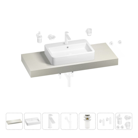 Раковина 60 см со столешницей 120 см Wellsee Halcyon 201012035 в наборе 10 в 1: столешница, раковина, смеситель, сифон, донный клапан, угловые вентили, аксессуары (цвет матовый белый)