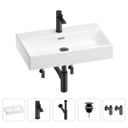 Раковина для ванной Wellsee Graceful Pro 201004662 в наборе 5 в 1: раковина белого глянцевого цвета, смеситель, сифон, донный клапан, угловые вентили (цвет набора матовый черный)