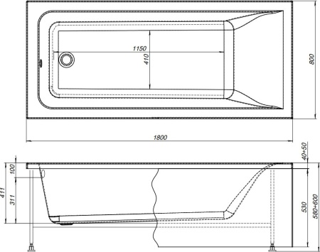 Акриловая ванна STWORKI Стокгольм 180x80 см, встраиваемая, белая, с каркасом
