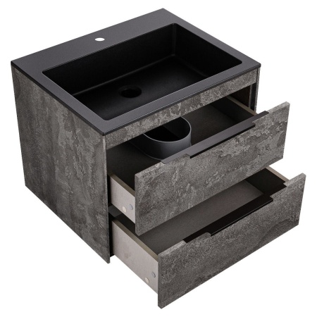 Тумба Vincea Chiara 2D 600 подвесная, 2 выкатных ящика soft-close, G.Stone с умывальником VCB-13600B из кварца, цвет черный