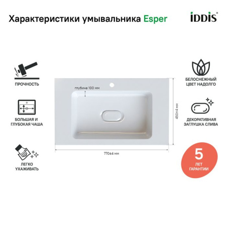 Тумба с умывальником IDDIS подвесная с ящиками белая Esper 80 см ESP80W0i95K