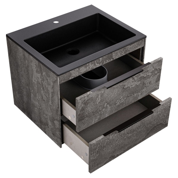 Тумба Vincea Chiara 2D 600 подвесная, 2 выкатных ящика soft-close, G.Stone с умывальником VCB-13600B из кварца, цвет черный