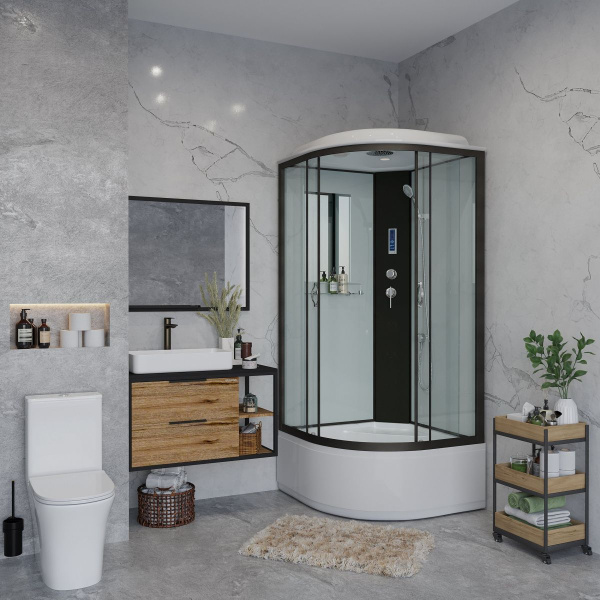 Душ.каб. NG-6709-14P (1000х1000х2150) высокий поддон(45см) стекло ПРОЗРАЧНОЕ черные профиля 4 места