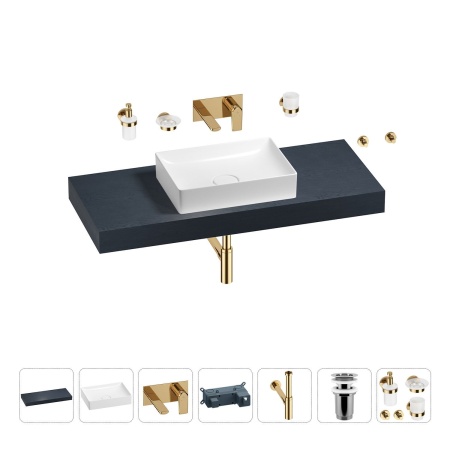 Раковина 50 см со столешницей 120 см Wellsee Pure BY Wellsee 201011343 в наборе 9 в 1: столешница, раковина, встраиваемый смеситель, сифон, выпуск, аксессуары (цвет набора золото)