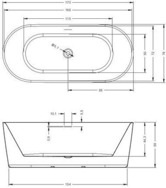 Акриловая ванна Riho Modesty Velvet Sparkle System 170x76 BD09105S1WI1144 белый матовый