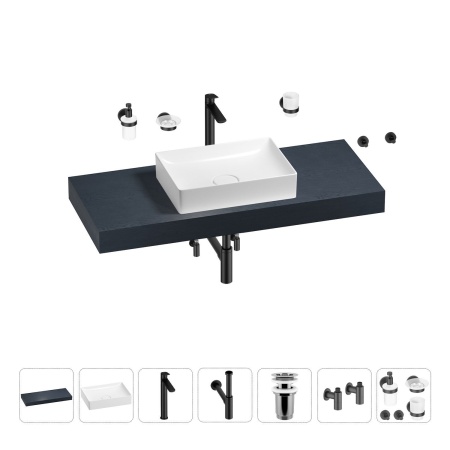 Раковина 50 см со столешницей 120 см Wellsee Pure BY Wellsee 201011332 в наборе 10 в 1: столешница, раковина, высокий смеситель, сифон, выпуск, кран-вентили, аксессуары (цвет матовый черный)