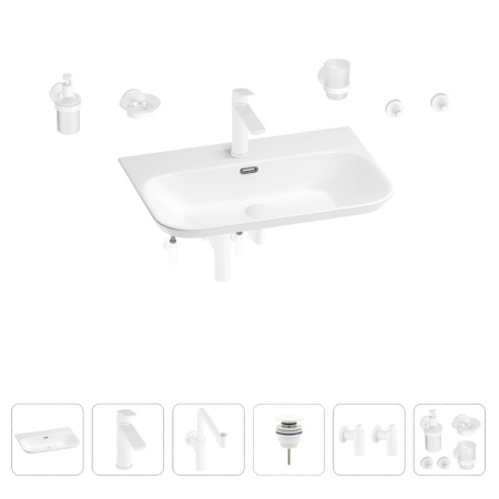 Раковина для ванной Wellsee Eclatant 2.0 201007545 в наборе 9 в 1: раковина белого глянцевого цвета, смеситель, сифон, донный клапан, угловые вентили, аксессуары (цвет набора матовый белый)