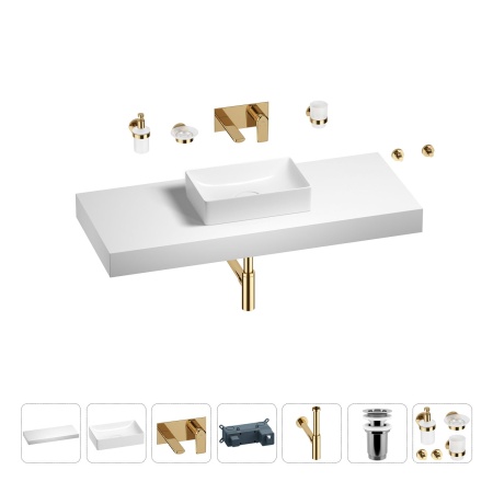 Раковина 42 см со столешницей 120 см Wellsee Pure BY Wellsee 201010958 в наборе 9 в 1: столешница, раковина, встраиваемый смеситель, сифон, выпуск, аксессуары (цвет набора золото)
