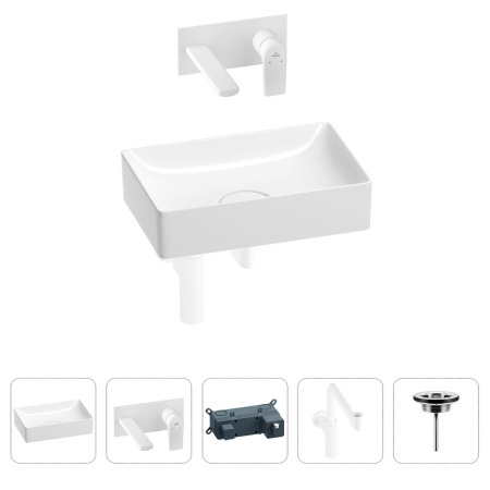 Раковина для ванной Wellsee Pure BY Wellsee 201002595 в наборе 4 в 1: раковина белого глянцевого цвета, встраиваемый смеситель, сифон, выпуск (цвет набора матовый белый)