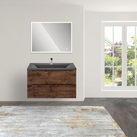 Тумба Vincea Mia 800 подвесная, 2 выкатных ящика soft close, R.Wood с умывальником VCB-3M800G из кварцевого камня, цвет серый