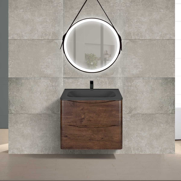 Тумба Vincea Paola 600 подвесная, 2 выкатных ящика soft close, R.Wood с умывальником VCB-2VP600B из кварцевого камня, цвет черный
