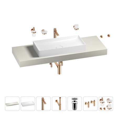 Раковина 75 см со столешницей 140 см Wellsee Pure BY Wellsee 201011799 в наборе 10 в 1: столешница, раковина, высокий смеситель, сифон, выпуск, кран-вентили, аксессуары (цвет розовое золото)
