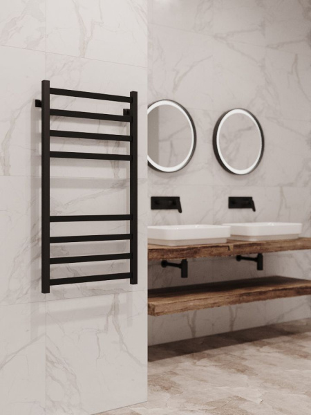 Полотенцесушитель водяной Stinox Prestige 500x1000, нижнее подключение, черный матовый, 1/2" ВР (внутренняя резьба), 8 перекладин