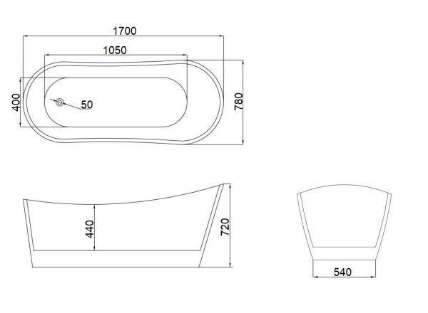 Ванна GLORIA170 акриловая (1700x750x720) отдельностоящая, белая, со сливом-переливом Ceruttispa