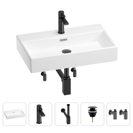 Раковина для ванной Wellsee Graceful Pro 201004642 в наборе 5 в 1: раковина белого глянцевого цвета, смеситель, сифон, донный клапан, угловые вентили (цвет набора матовый черный)