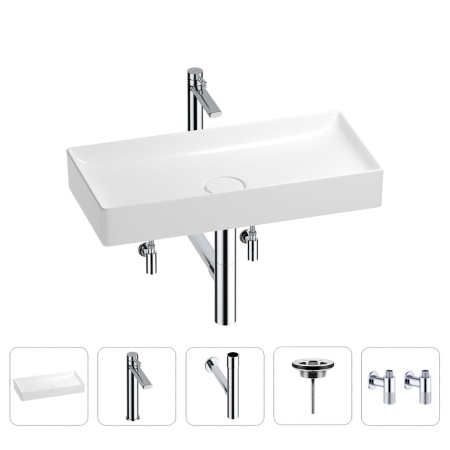 Раковина для ванной Wellsee Pure BY Wellsee 201004451 в наборе 5 в 1: раковина белого глянцевого цвета, высокий смеситель, сифон, выпуск, угловые вентили (цвет набора хром)