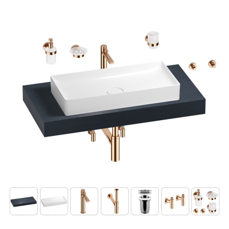 Раковина 75 см со столешницей 100 см Wellsee Pure BY Wellsee 201011579 в наборе 10 в 1: столешница, раковина, высокий смеситель, сифон, выпуск, кран-вентили, аксессуары (цвет розовое золото)