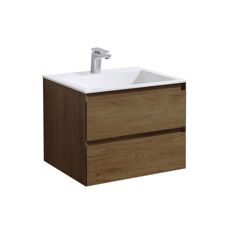 Тумба Vincea Luka 600 подвесная, 2 выкатных ящика soft-close, T.Oak с умывальником VCB-13600W из искусственного камня, цвет белый
