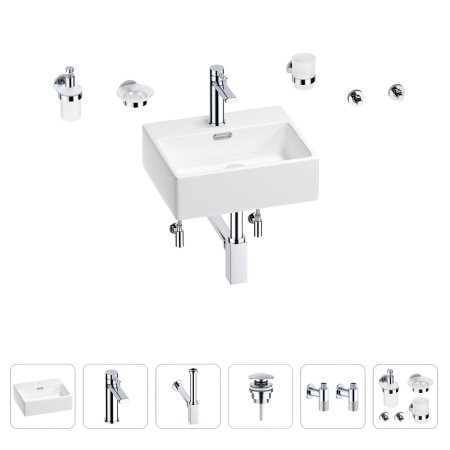 Раковина для ванной Wellsee Graceful Pro 201006616 в наборе 9 в 1: раковина белого глянцевого цвета, смеситель, сифон, донный клапан, угловые вентили, аксессуары (цвет набора хром)