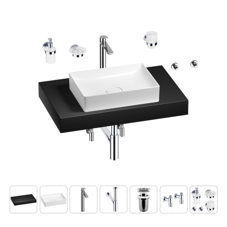 Раковина 50 см со столешницей 80 см Wellsee Pure BY Wellsee 201011171 в наборе 10 в 1: столешница, раковина, высокий смеситель, сифон, выпуск, кран-вентили, аксессуары (цвет хром)