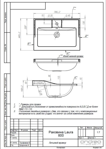 Раковина Andrea Laura 800 4680028070375