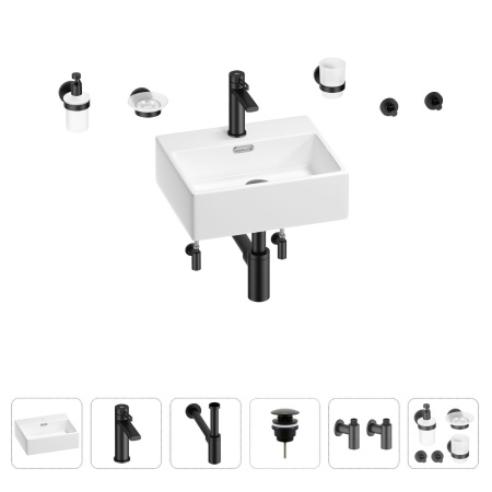 Раковина для ванной Wellsee Graceful Pro 201006607 в наборе 9 в 1: раковина белого глянцевого цвета, смеситель, сифон, донный клапан, угловые вентили, аксессуары (цвет набора матовый черный)
