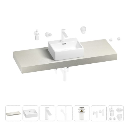 Раковина 43 см со столешницей 140 см Wellsee Graceful Pro 201012335 в наборе 10 в 1: столешница, раковина, смеситель, сифон, донный клапан, угловые вентили, аксессуары (цвет матовый белый)