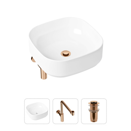 Комплект 3 в 1 Lavinia Boho Bathroom Sink 21520267: накладная фарфоровая раковина 40 см, металлический сифон, донный клапан