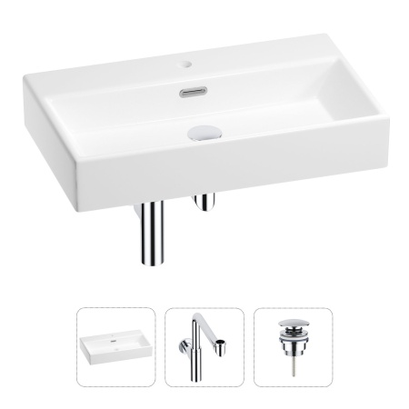 Раковина для ванной Wellsee Graceful Pro 201001371 в наборе 3 в 1: прямоугольная раковина белого глянцевого цвета, сифон, донный клапан в цвете хром