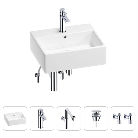 Раковина для ванной Wellsee Graceful Pro 201004621 в наборе 5 в 1: раковина белого глянцевого цвета, смеситель, сифон, донный клапан, угловые вентили (цвет набора хром)