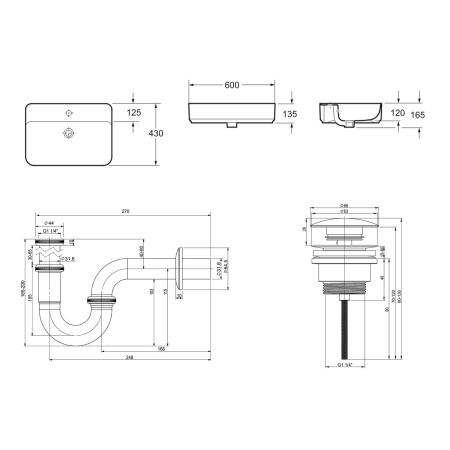 Комплект 3 в 1 Lavinia Boho Bathroom Sink 21520326: накладная фарфоровая раковина 60 см, металлический сифон, донный клапан