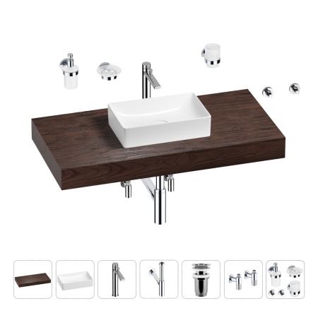 Раковина 42 см со столешницей 100 см Wellsee Pure BY Wellsee 201010846 в наборе 10 в 1: столешница, раковина, высокий смеситель, сифон, выпуск, кран-вентили, аксессуары (цвет хром)