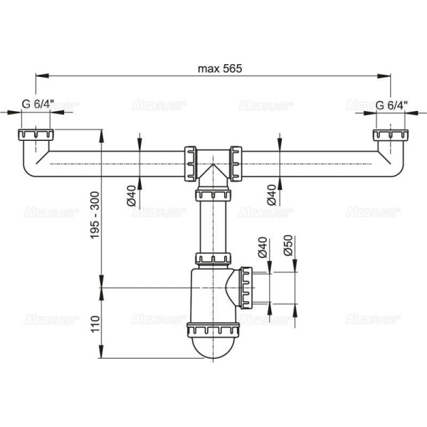 Сифон для сдвоенной мойки Alcaplast с накидными гайками 6/4", A448-DN50/40