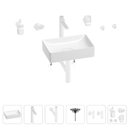 Раковина для ванной Wellsee Pure BY Wellsee 201006310 в наборе 9 в 1: раковина белого глянцевого цвета, высокий смеситель, сифон, выпуск, угловые вентили, аксессуары (цвет матовый белый)