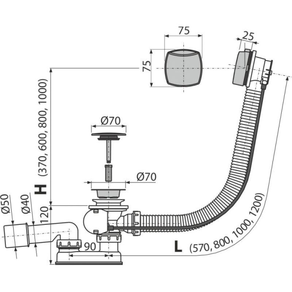 Сифон для ванны Alcaplast автомат комплект, металл A553KM1