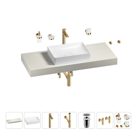 Раковина 50 см со столешницей 120 см Wellsee Pure BY Wellsee 201011313 в наборе 10 в 1: столешница, раковина, высокий смеситель, сифон, выпуск, кран-вентили, аксессуары (цвет золото)