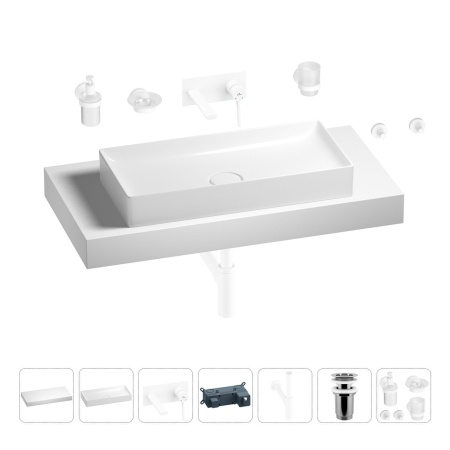 Раковина 75 см со столешницей 100 см Wellsee Pure BY Wellsee 201011650 в наборе 9 в 1: столешница, раковина, встраиваемый смеситель, сифон, выпуск, аксессуары (цвет набора матовый белый)