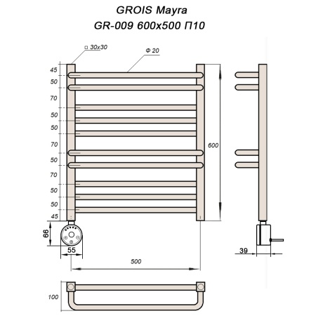 Полотенцесушитель GROIS Mayra GR-009 500х600 П10 (2+3+2+3) RAL9003 белый матовый