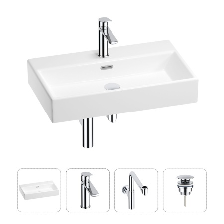 Раковина для ванной Wellsee Graceful Pro 201002991 в наборе 4 в 1: раковина белого глянцевого цвета, смеситель, сифон, донный клапан (цвет набора хром)