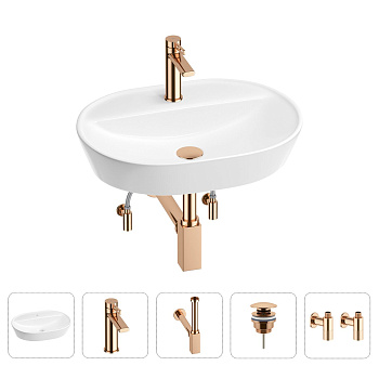 Раковина для ванной Wellsee Calin 201003919 в наборе 5 в 1: раковина белого глянцевого цвета, смеситель, сифон, донный клапан, угловые вентили (цвет набора розовое золото)