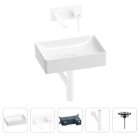 Раковина для ванной Wellsee Pure BY Wellsee 201002570 в наборе 4 в 1: раковина белого глянцевого цвета, встраиваемый смеситель, сифон, выпуск (цвет набора матовый белый)