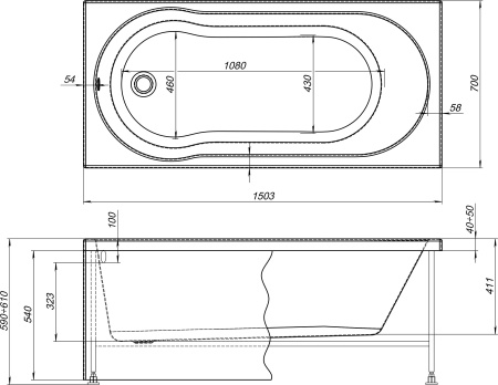 Акриловая ванна STWORKI Хельсинки 150x70 см, встраиваемая, белая, с каркасом